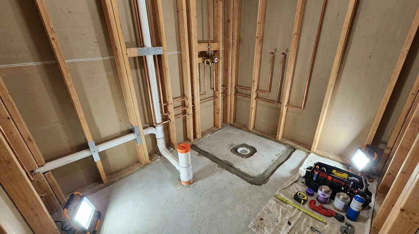 Bathroom rough-in plumbing during remodel by Johns Plumbing LLC in Mount Pulaski