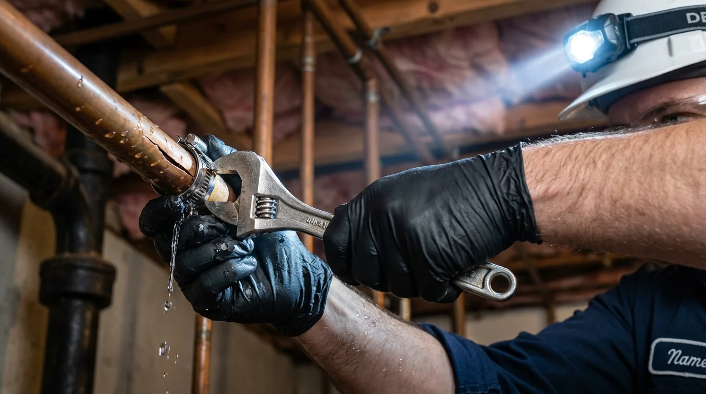 Emergency pipe clamp repair being performed by a Johns Plumbing LLC plumber in Mount Pulaski