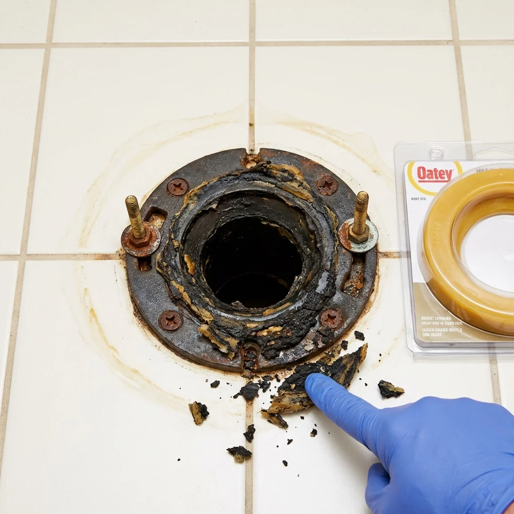 Failed wax ring showing water seepage at the base of a toilet in a Mount Pulaski, IL home