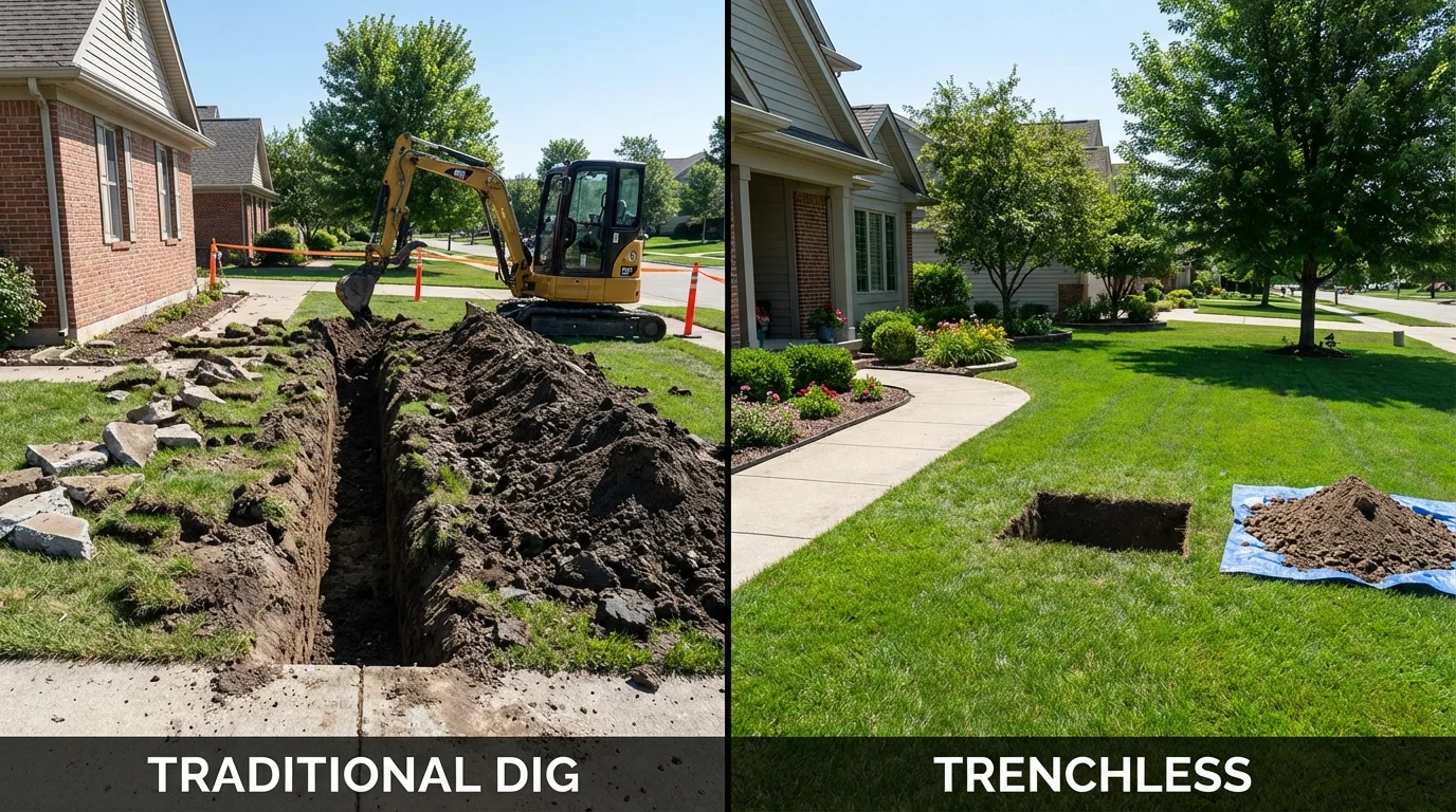 Trenchless sewer repair with minimal yard damage versus traditional excavation in Mount Pulaski, IL